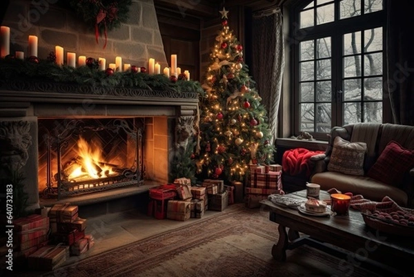 Fototapeta Generative ai of Cozy living room with a chimney warms the house during Christmas.