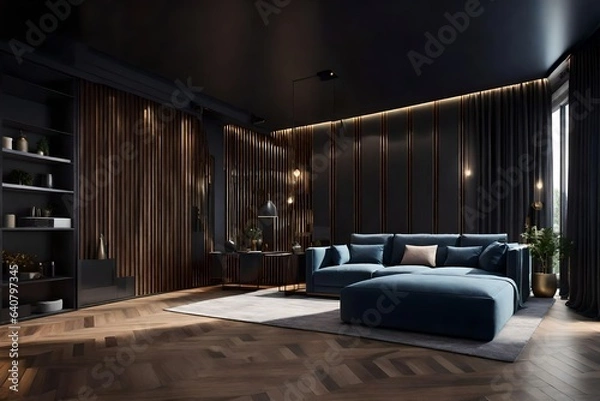 Fototapeta Stylish modern room area with wooden floor parquet and 3d panel wall. 3d render