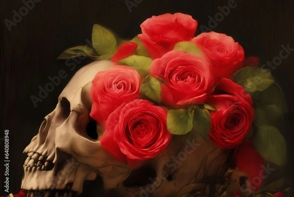 Fototapeta A Painting Of A Skull With Roses In It