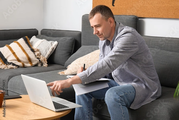 Fototapeta Mature male freelancer working with laptop on sofa at home