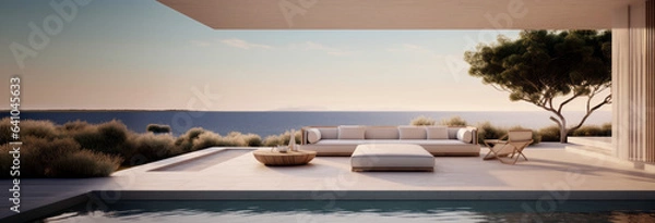 Fototapeta Building Exterior luxury of living room with sea view by generative AI illustration.