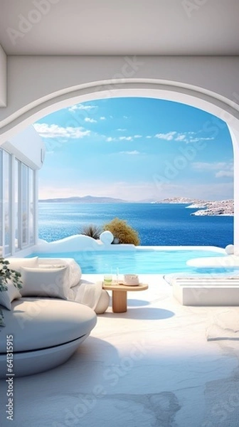 Fototapeta Interior Design of a Luxurious Villa in Santorini near the Sea. Greece.