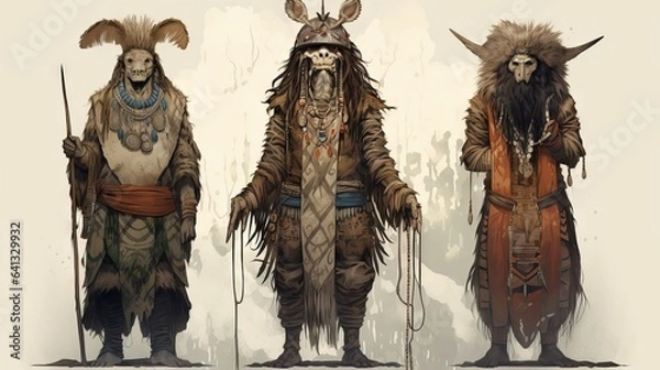 Fototapeta a set of traditional costumes from various ancient cultures and tribes. featuring animal skins, feathers, and combat elements, offering a visually striking and rich glimpse into history. Generative ai