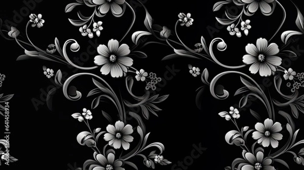 Fototapeta a black floral ornament in a retro style. Showcase intricate flower and curl motifs, evoking a sense of vintage charm and sophistication SEAMLESS PATTERN. SEAMLESS WALLPAPER.