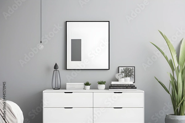 Obraz Horizontal frame mockup in modern interior background. Empty frames above white chest of drawers with beautiful decor. Scandinavian style, frame mockup, 3d rendering