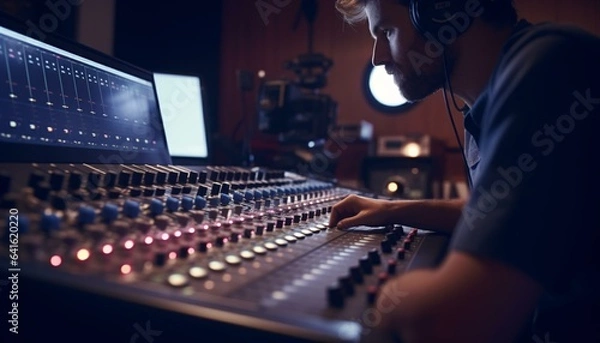 Fototapeta A man wearing headphones in a professional recording studio