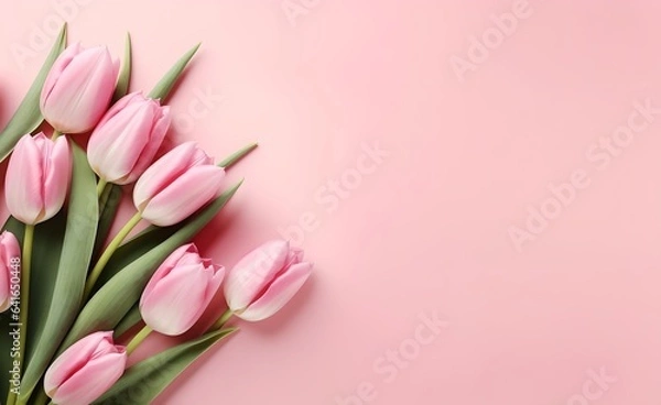 Fototapeta Pink tulip flowers on pink background top view in flat lay style. Greeting for Womens or Mothers Day.