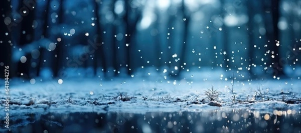 Fototapeta In a wide-format customizable background, raindrops taking center stage while a blurred forest serves as the background, offering a versatile canvas. Photorealistic illustration, Generative AI