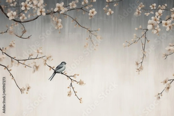 Fototapeta Vintage photo wallpaper with branches and birds on grey background. Design for wallpaper, photo wallpaper, fresco, Generative AI