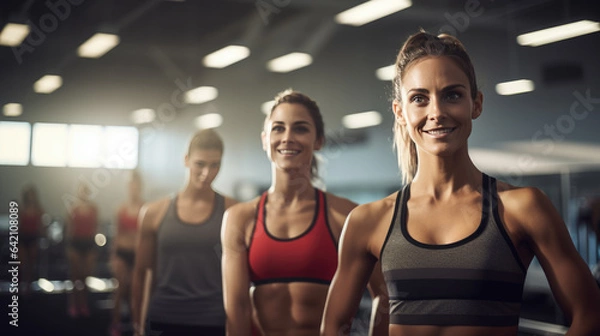 Fototapeta Portrait of young sports women on a group training in a gym