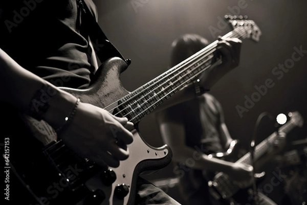 Fototapeta Rock and roll music background, guitar players on a stage, monochrome photo with selective focus