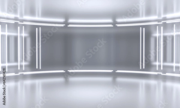 Fototapeta White minimalistic abstract 3d background. Neon light from lamps on the walls of the circular stage. 3d illustration