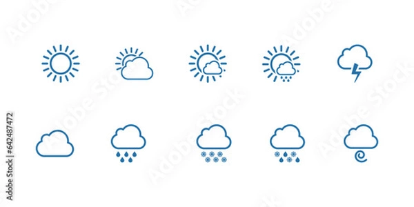 Fototapeta Weather icons. Weather forecast icon set. Clouds logo. clouds, sunny day, snowflakes, wind, sun day, Vector illustration.