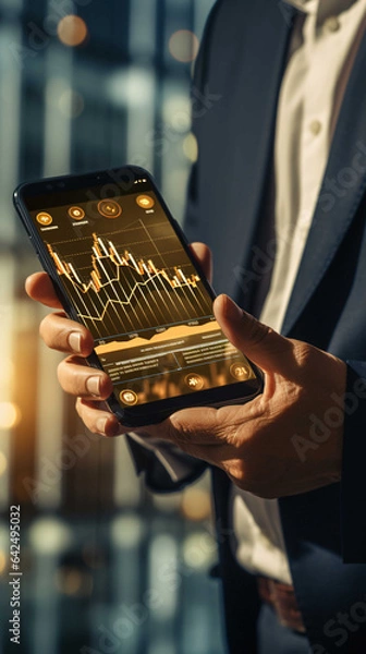 Fototapeta Financial technology (fintech) with an emphasis on mobile banking and transactions, depicting a person using a mobile device for financial activities