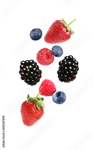 Fototapeta Blackberries, blueberries, strawberries and raspberries falling on white background