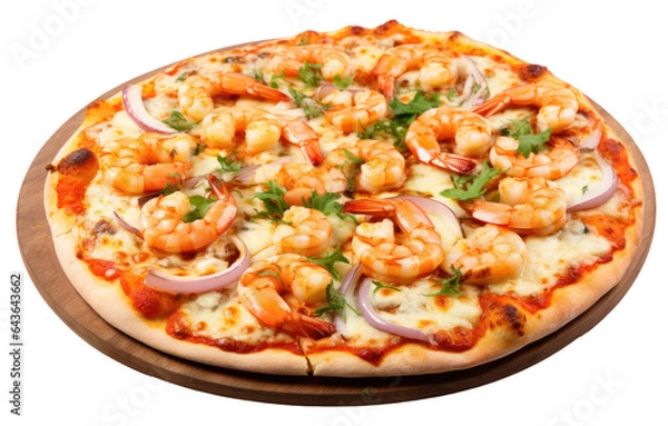 Fototapeta Delicious seafood pizza on wooden stand isolated.