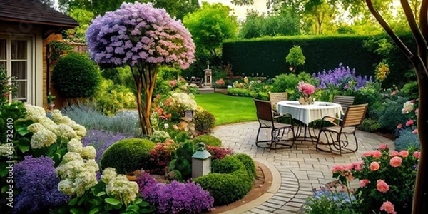 Fototapeta Backyard patio outdoors with flowers, grass, hedges, and a sitting area among the landscaping