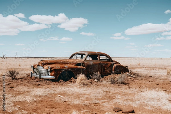 Fototapeta A vintage car rotting next to a sandy road.