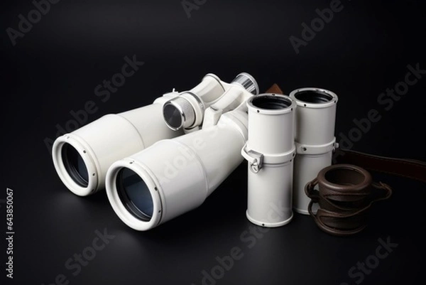 Fototapeta Sightseeing gear: white telescope and binoculars. Generative AI