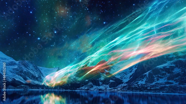 Fototapeta Aurora Borealis over Snowy Mountains and Reflecting Lake,aurora borealis in the sky