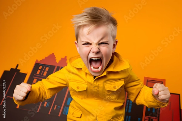 Fototapeta Studio portrait of a little boy being enraged, isolated on colorful background. Kids emotions or moods concept. Generative AI