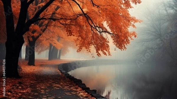 Fototapeta View beauty autumn foggy, landscape background