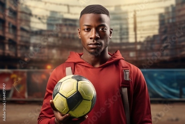 Fototapeta Portrait of an African man with a soccer ball.