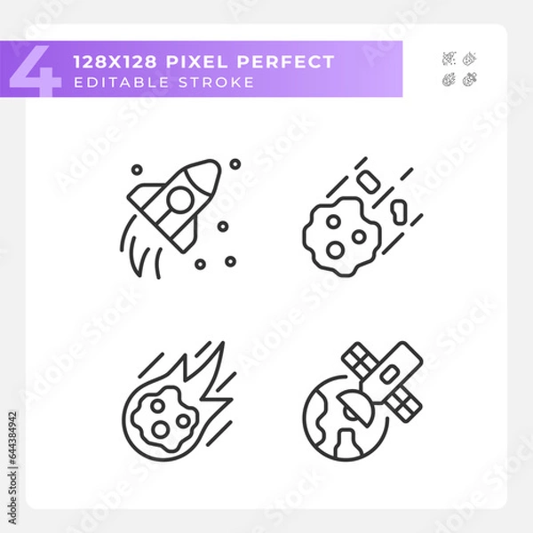 Fototapeta Cosmic exploration pixel perfect linear icons set. Space research. Futuristic technology. Astronomy science. Customizable thin line symbols. Isolated vector outline illustrations. Editable stroke