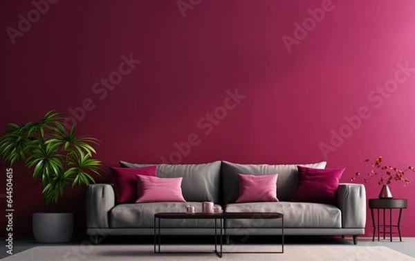 Fototapeta modern living room interior gray sofa, table, house plant on magenta wall background, minimalist design