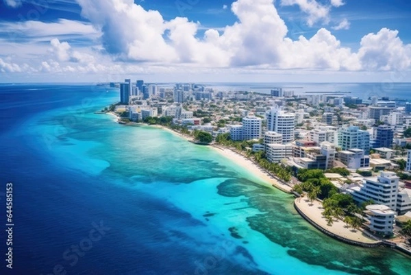 Obraz Aerial view of Waikiki Beach, Honolulu, Oahu, Hawaii, Aerial view of Male the capital of the Maldives,  AI Generated