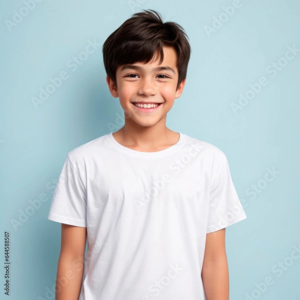 Fototapeta Smiling caucasian teenage boy wearing a white T Shirt mockup on blue background. AI Generative