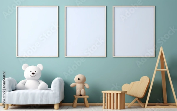 Fototapeta Mock up posters in child room interior, posters on empty blue wall background