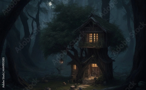 Fototapeta Haunted Tree House in Remote Forest Village: Dark, Cold, and Illuminated by Lamp Lights