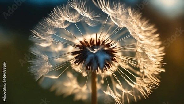 Fototapeta Dandelion Seed Head in Nature. A close-up of a delicate dandelion seed head against a blurred natural backdrop, symbolizing growth and new beginnings..