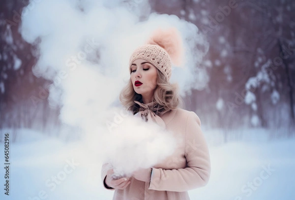 Fototapeta Enchanting Winter Landscape: A Blonde Woman's Serene Exploration in the Snowy Woods, ai generative