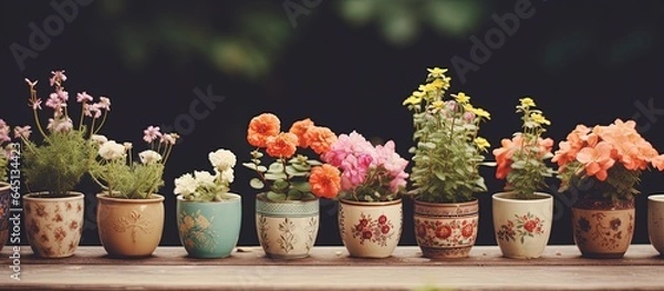 Fototapeta Floral image of vintage potted flowers with bokeh background.