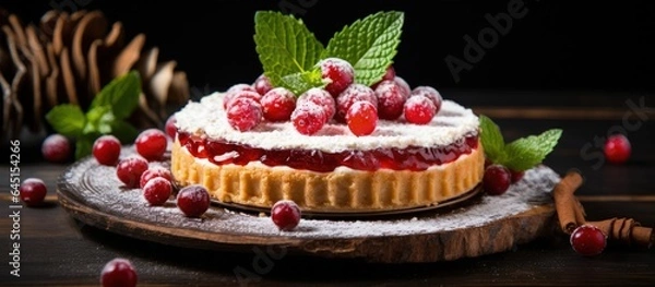 Fototapeta Christmas-themed cherry tart with snowflake biscuits and mint leaves on a rustic wooden backdrop, featuring a pine tree branch as a festive touch.