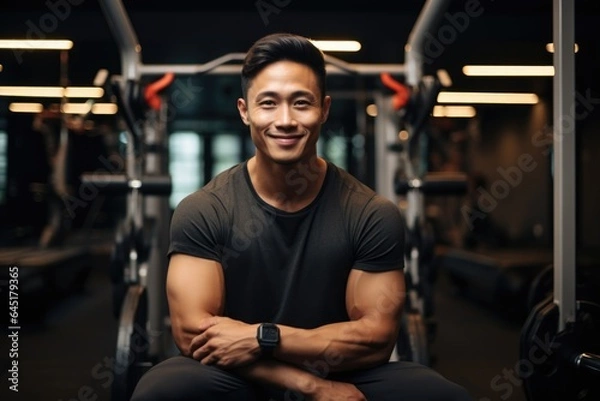 Fototapeta Smiling portrait of a happy young male asian american fitness instructor in an indoor gym