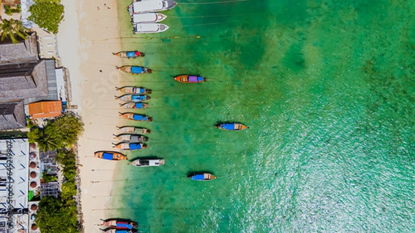 Fototapeta High angle view of the sea, Koh Phi Phi, a major tourist attraction Soak up the sun or go on an adventure trip. Take a walk and take pictures with the white beach mountains.