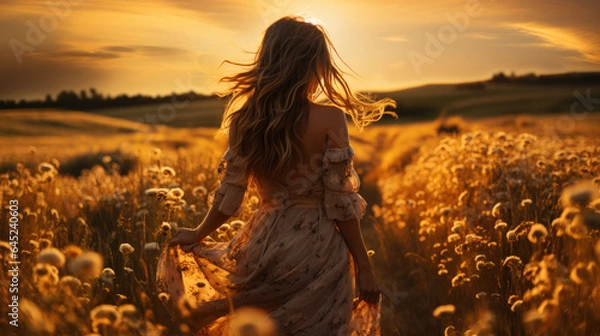 Fototapeta Generative ai illustration of woman enjoying summer Walking in meadows at sunset