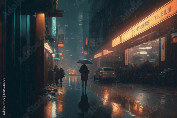 Fototapeta Traffic in the city at night with heavy rain. 3d rendering generative ai