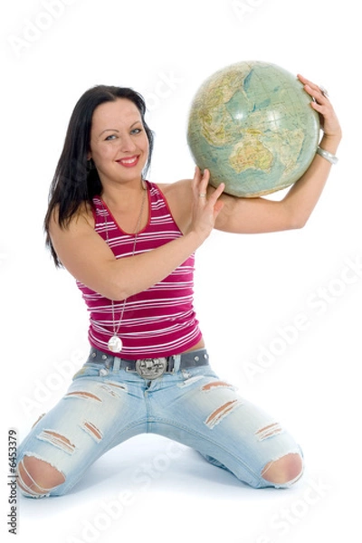 Obraz Young woman with  globe on  isolated background