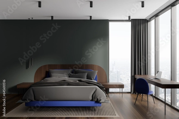 Fototapeta Grey home bedroom interior with bed and work space, panoramic window