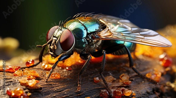 Fototapeta Colorfull Insect of Common House Fly Focus on Foreground