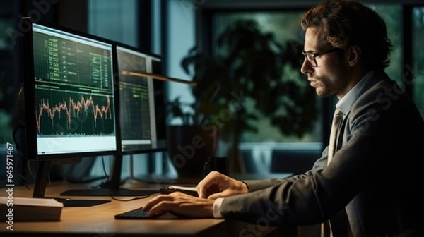 Fototapeta Focused businessman analyzing financial data on his computer in a cozy, earth-tone office. Warm lighting and glasses add to the professional atmosphere.