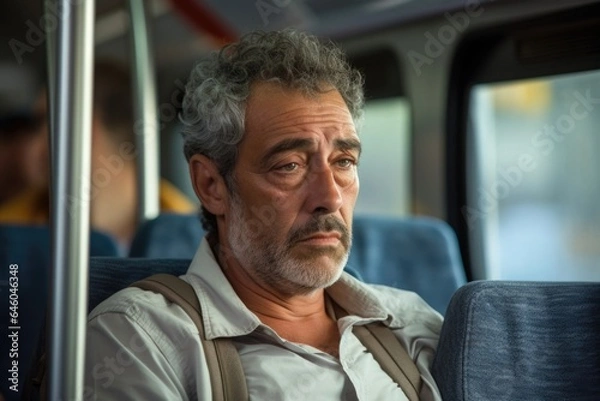 Obraz specific, but riding public transport, mature Hispanic man exhibits impatience. Unable to sit still, he frequently changes seats demonstrating clear sign of motor restlessness, condition often