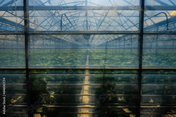 Fototapeta Exterior of a large greenhouse growing cucumbers.