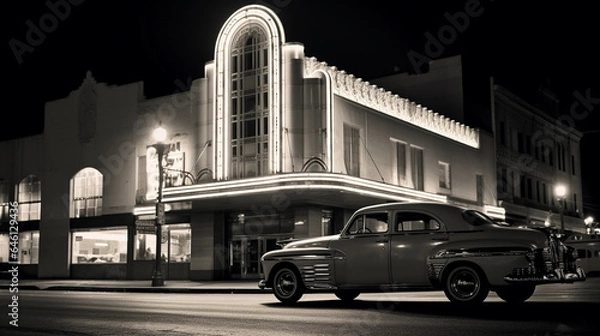 Fototapeta Aged monochrome photograph, vintage cars parked in front of an art deco theater, neon lights, classy elegance