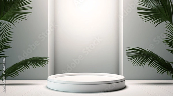 Fototapeta Abstract Realistic 3D Room with White Cylinder Pedestal Podium Set and Palm Leaf Shadow Overlay for Product Presentations