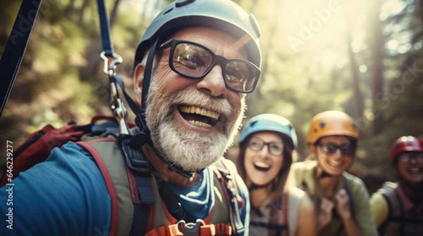 Fototapeta A group of mature friends zip-lining through a forest,  joyous expressions all around